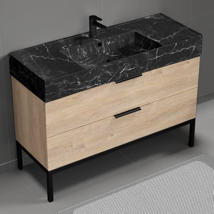 Nameeks DERIN924 48 Inch Black Marble Style Sink Free Standing Single Bathroom Vanity, Brown Oak